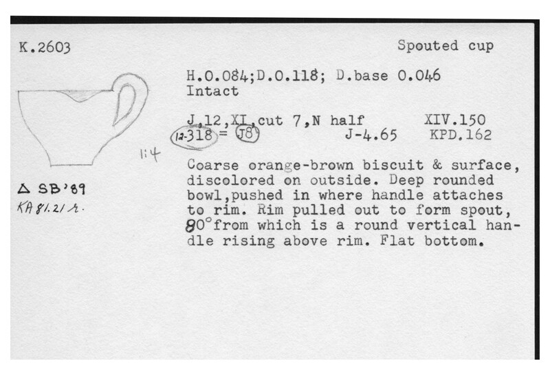 Index card with typed and handwritten information, sometimes including a sketch, of pottery from an excavation.