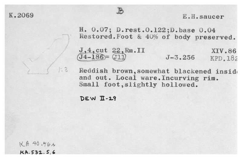 Index card with typed and handwritten information, sometimes including a sketch, of pottery from an excavation.