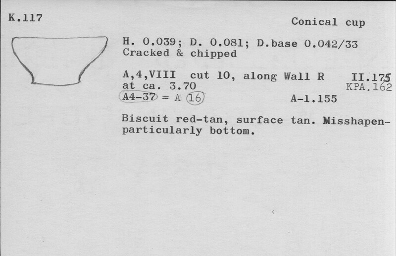 Index card with typed and handwritten information, sometimes including a sketch, of pottery from an excavation.