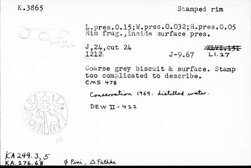Index card with typed and handwritten information, sometimes including a sketch, of pottery from an excavation.