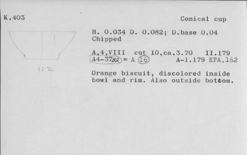 Index card with typed and handwritten information, sometimes including a sketch, of pottery from an excavation.
