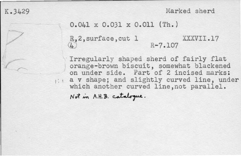 Index card with typed and handwritten information, sometimes including a sketch, of pottery from an excavation.