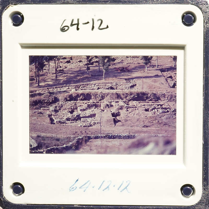 The photo shows an ancient archaeological site with ruins and vegetation.