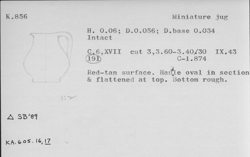 Index card with typed and handwritten information, sometimes including a sketch, of pottery from an excavation.