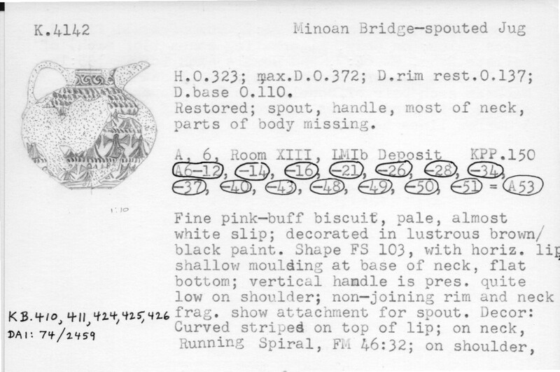 Index card with typed and handwritten information, sometimes including a sketch, of pottery from an excavation.
