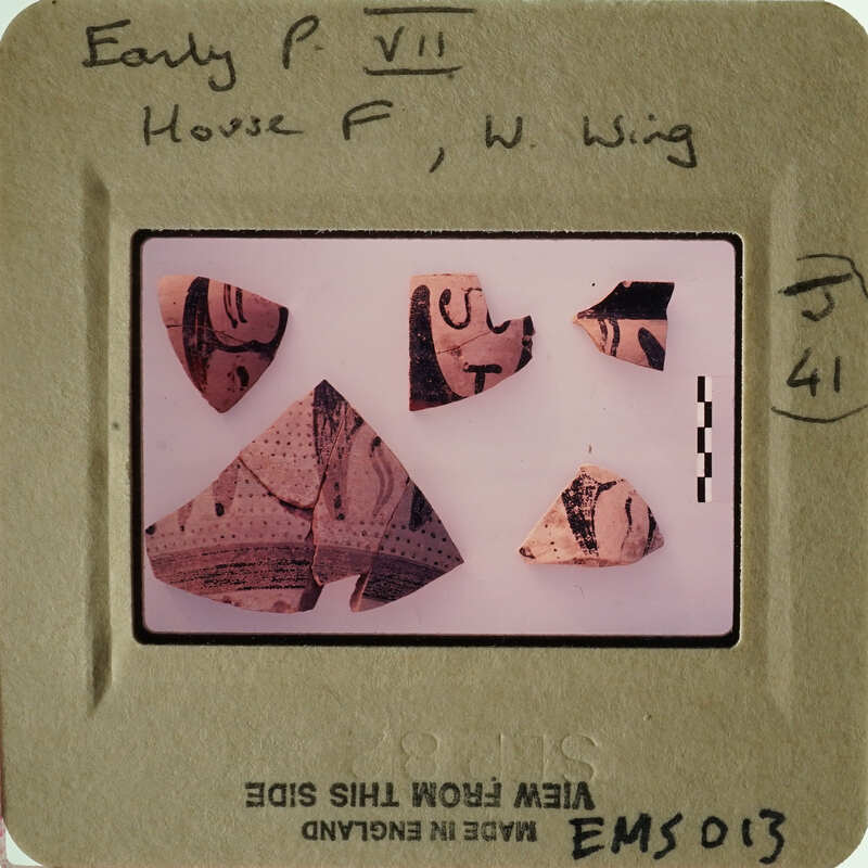 The image shows fragments of an ancient artifact, possibly pottery, with visible markings and designs.