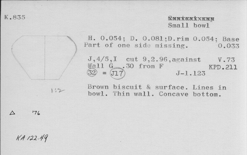 Index card with typed and handwritten information, sometimes including a sketch, of pottery from an excavation.