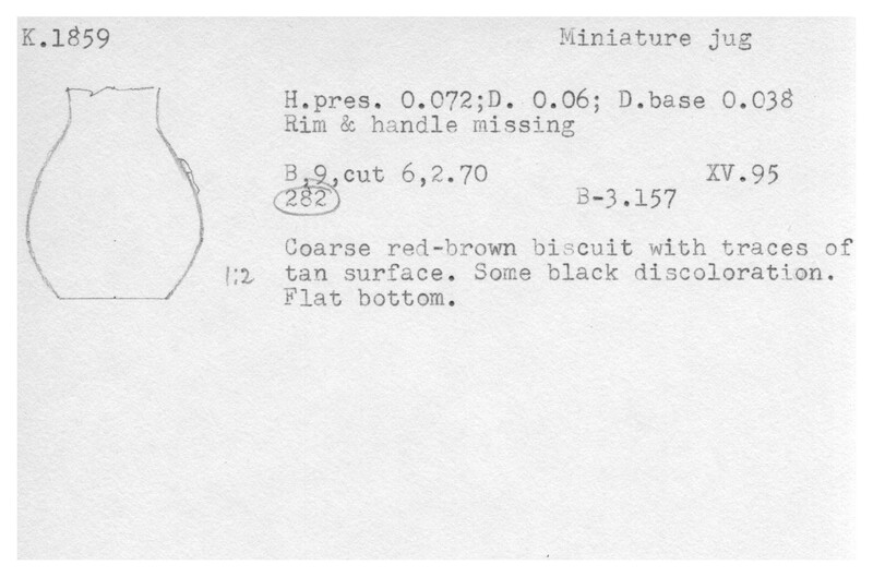 Index card with typed and handwritten information, sometimes including a sketch, of pottery from an excavation.