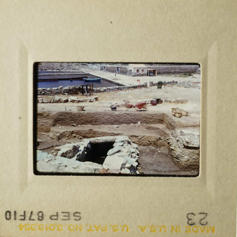 Two vintage photos showing an excavation site with stone ruins and construction work, featuring a mix of historical and modern elements.