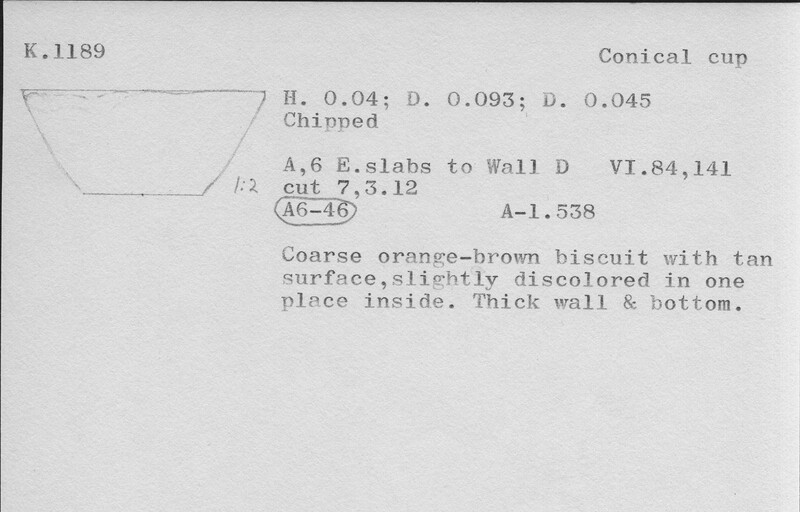 Index card with typed and handwritten information, sometimes including a sketch, of pottery from an excavation.