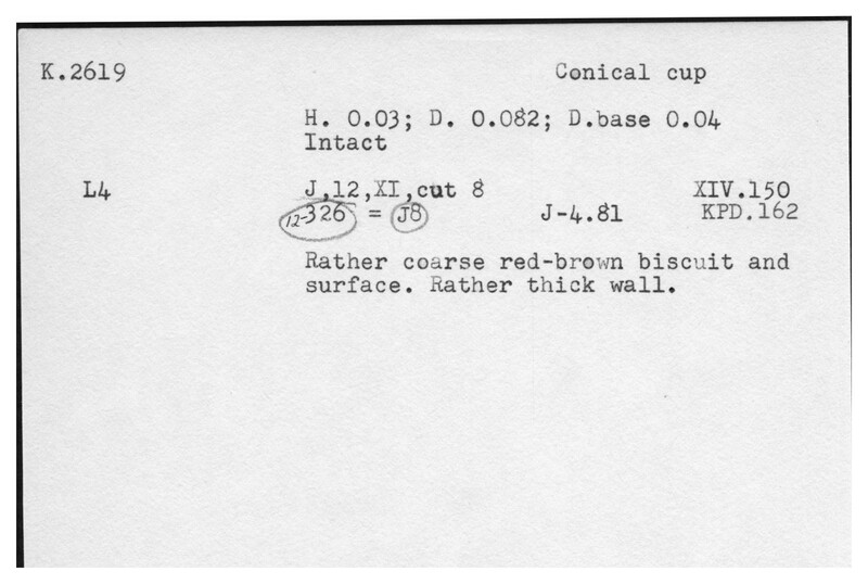 Index card with typed and handwritten information, sometimes including a sketch, of pottery from an excavation.