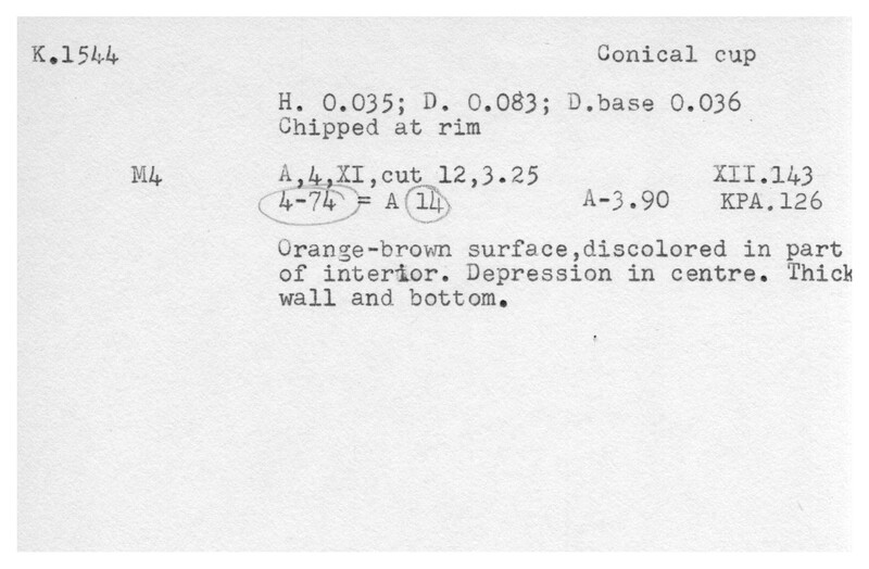 Index card with typed and handwritten information, sometimes including a sketch, of pottery from an excavation.