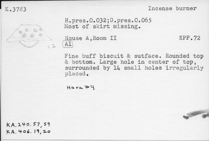 Index card with typed and handwritten information, sometimes including a sketch, of pottery from an excavation.