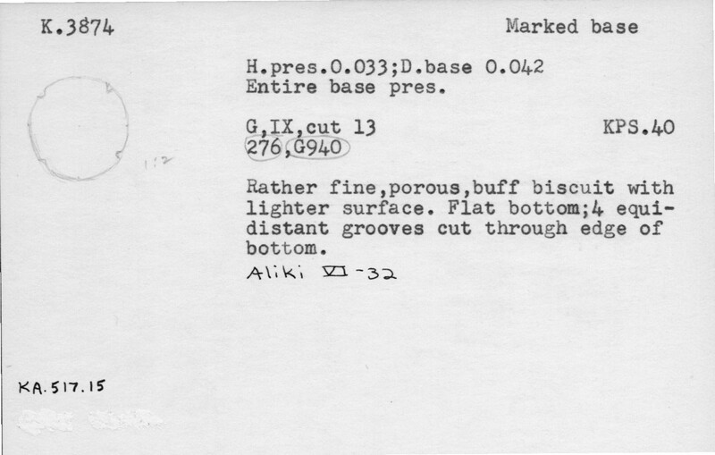 Index card with typed and handwritten information, sometimes including a sketch, of pottery from an excavation.