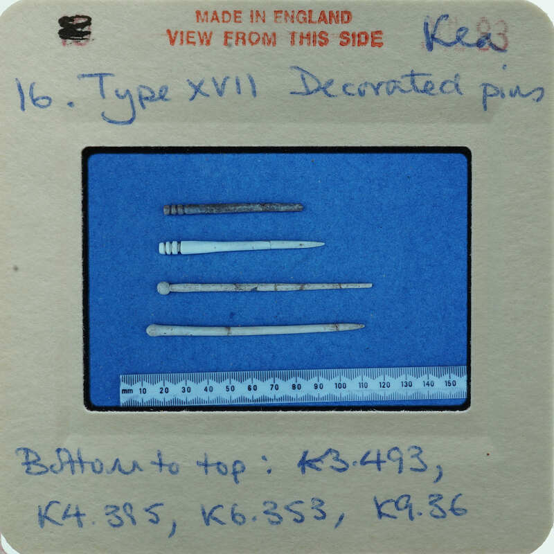 A collection of bone needles displayed on a blue background.