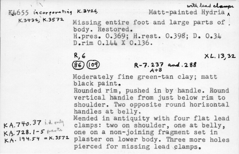 Index card with typed and handwritten information, sometimes including a sketch, of pottery from an excavation.
