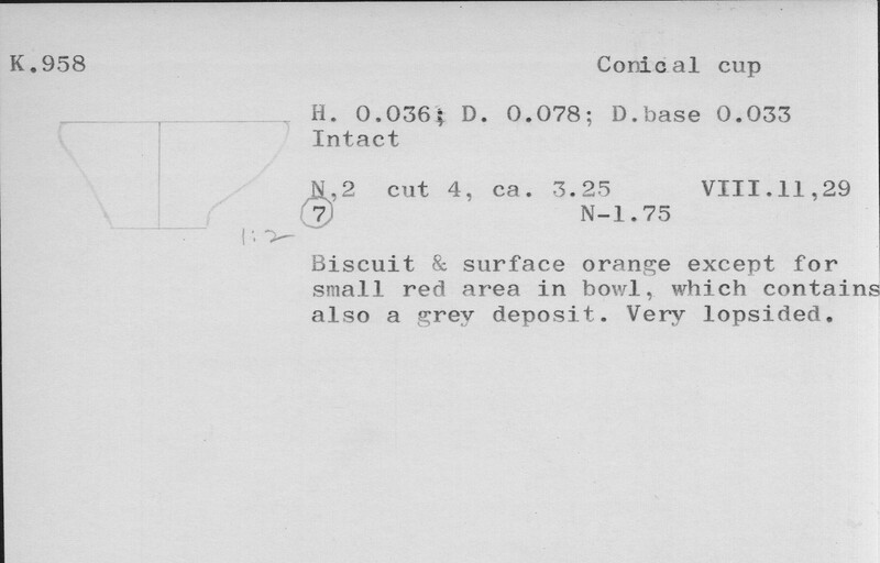 Index card with typed and handwritten information, sometimes including a sketch, of pottery from an excavation.