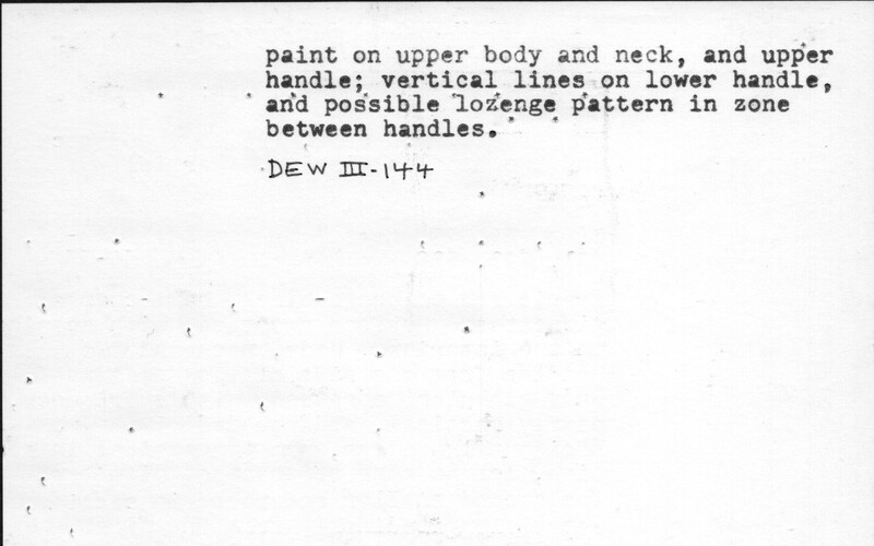 Index card with typed and handwritten information, sometimes including a sketch, of pottery from an excavation.