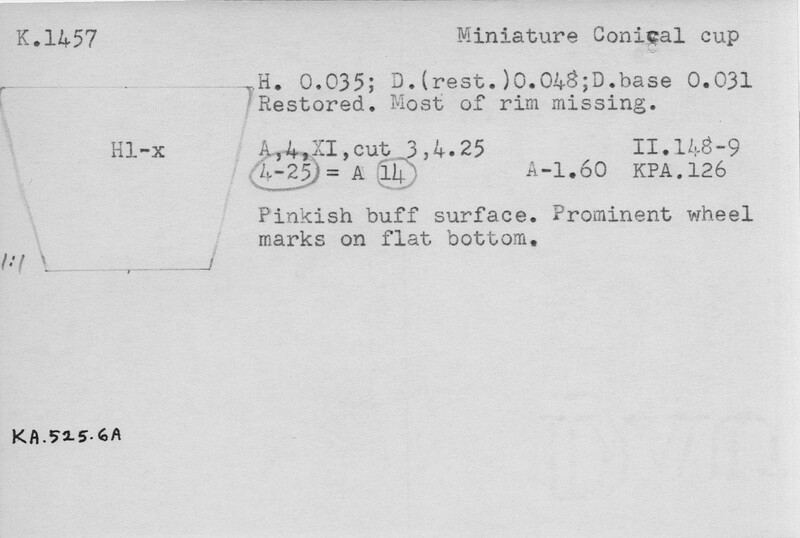 Index card with typed and handwritten information, sometimes including a sketch, of pottery from an excavation.