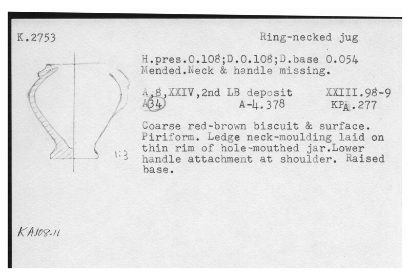 Index card with typed and handwritten information, sometimes including a sketch, of pottery from an excavation.