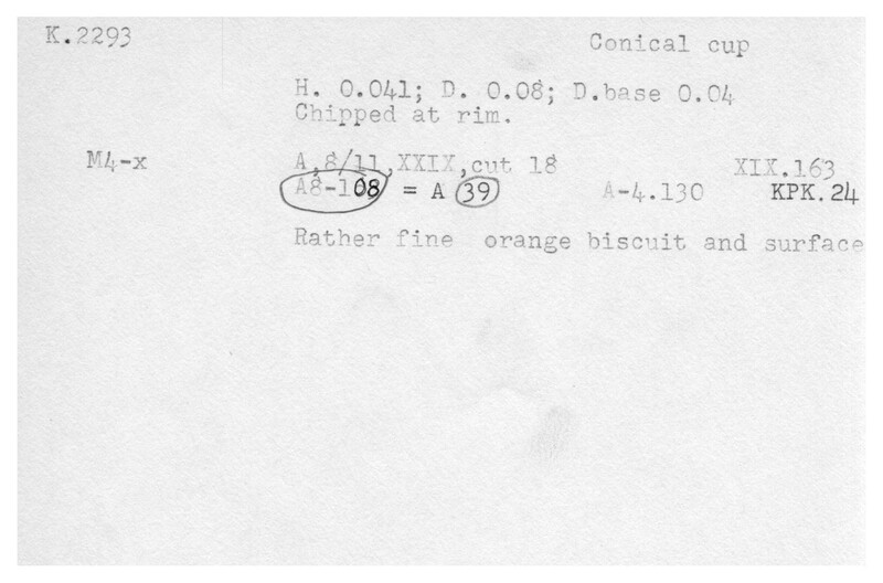 Index card with typed and handwritten information, sometimes including a sketch, of pottery from an excavation.