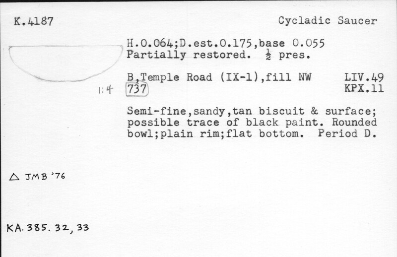 Index card with typed and handwritten information, sometimes including a sketch, of pottery from an excavation.