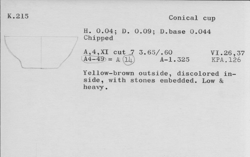 Index card with typed and handwritten information, sometimes including a sketch, of pottery from an excavation.