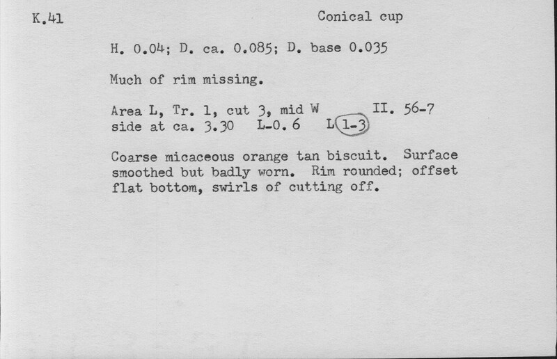 Index card with typed and handwritten information, sometimes including a sketch, of pottery from an excavation.