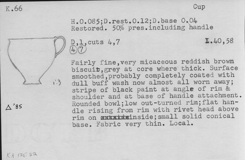 Index card with typed and handwritten information, sometimes including a sketch, of pottery from an excavation.