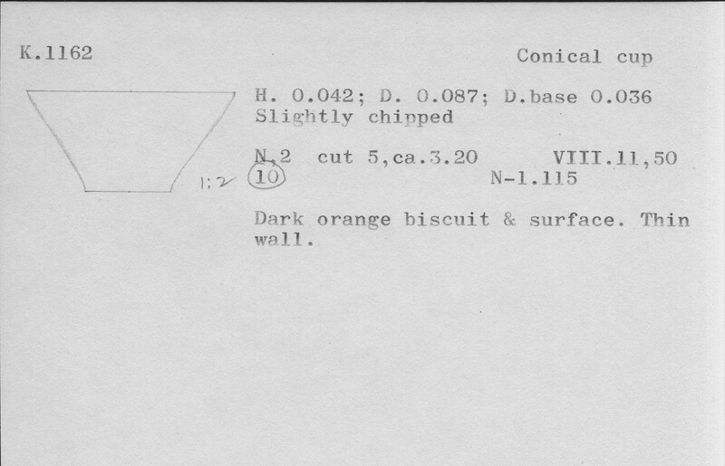 Index card with typed and handwritten information, sometimes including a sketch, of pottery from an excavation.