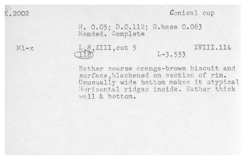Index card with typed and handwritten information, sometimes including a sketch, of pottery from an excavation.