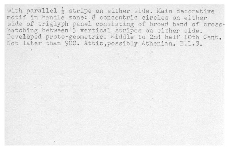 Index card with typed and handwritten information, sometimes including a sketch, of pottery from an excavation.