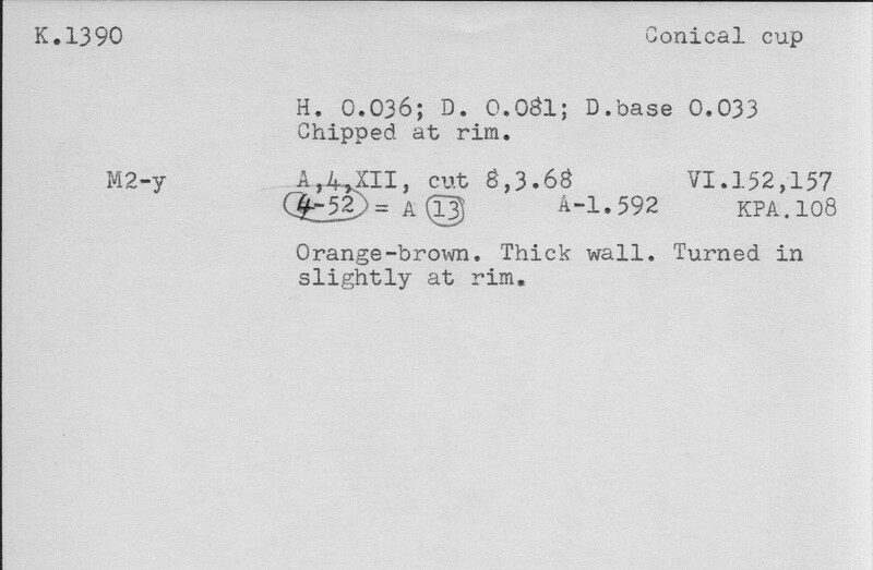 Index card with typed and handwritten information, sometimes including a sketch, of pottery from an excavation.