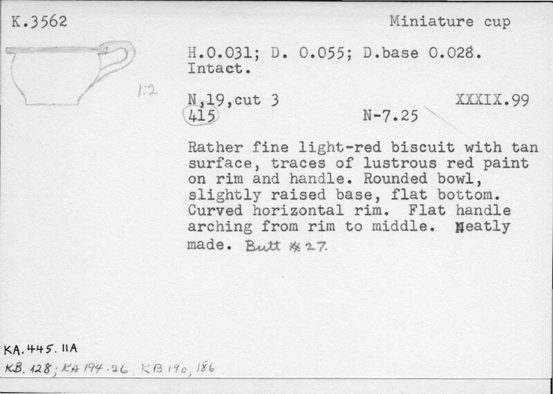 Index card with typed and handwritten information, sometimes including a sketch, of pottery from an excavation.