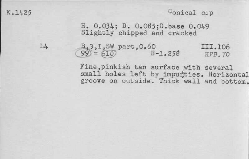 Index card with typed and handwritten information, sometimes including a sketch, of pottery from an excavation.