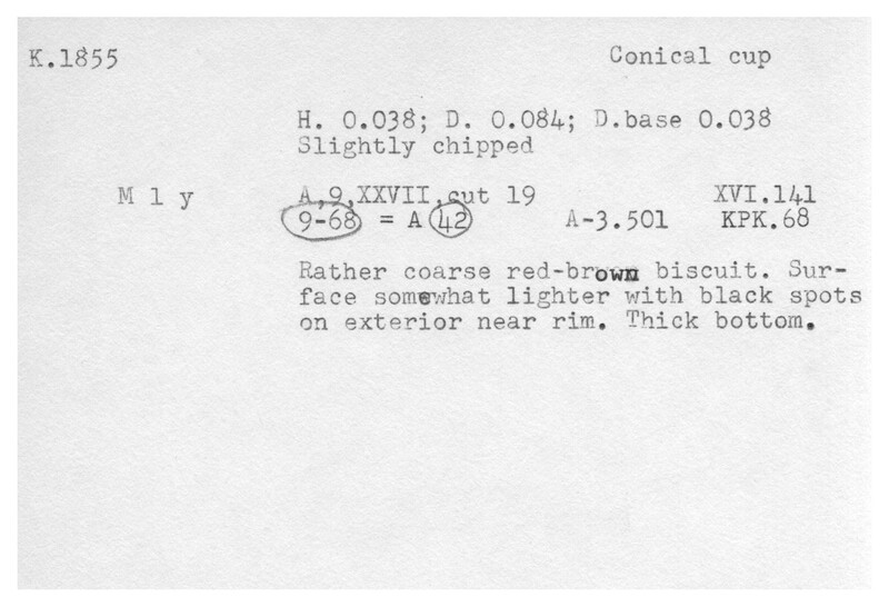 Index card with typed and handwritten information, sometimes including a sketch, of pottery from an excavation.