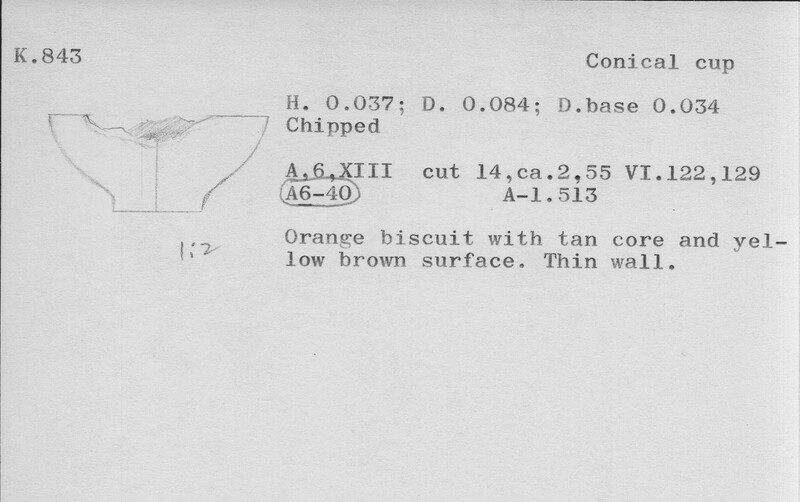 Index card with typed and handwritten information, sometimes including a sketch, of pottery from an excavation.
