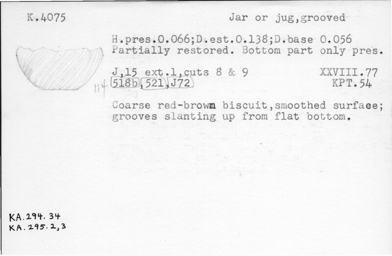 Index card with typed and handwritten information, sometimes including a sketch, of pottery from an excavation.