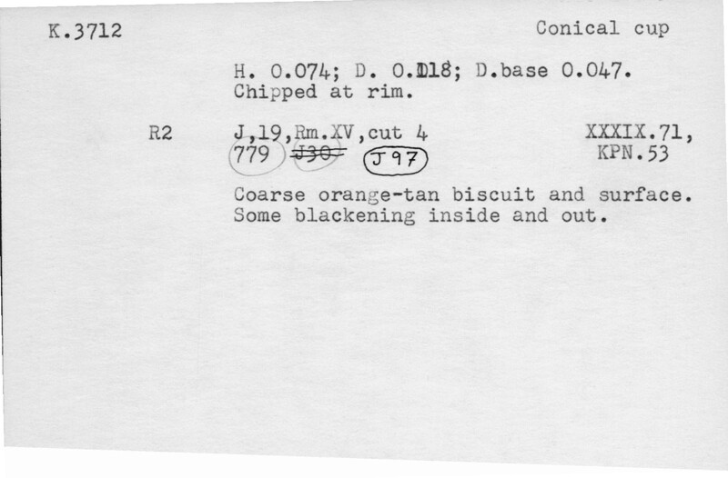 Index card with typed and handwritten information, sometimes including a sketch, of pottery from an excavation.