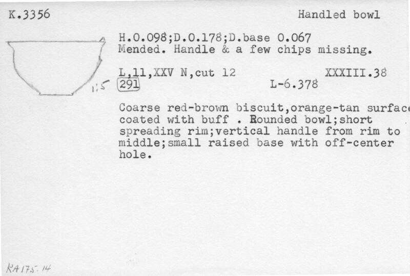 Index card with typed and handwritten information, sometimes including a sketch, of pottery from an excavation.
