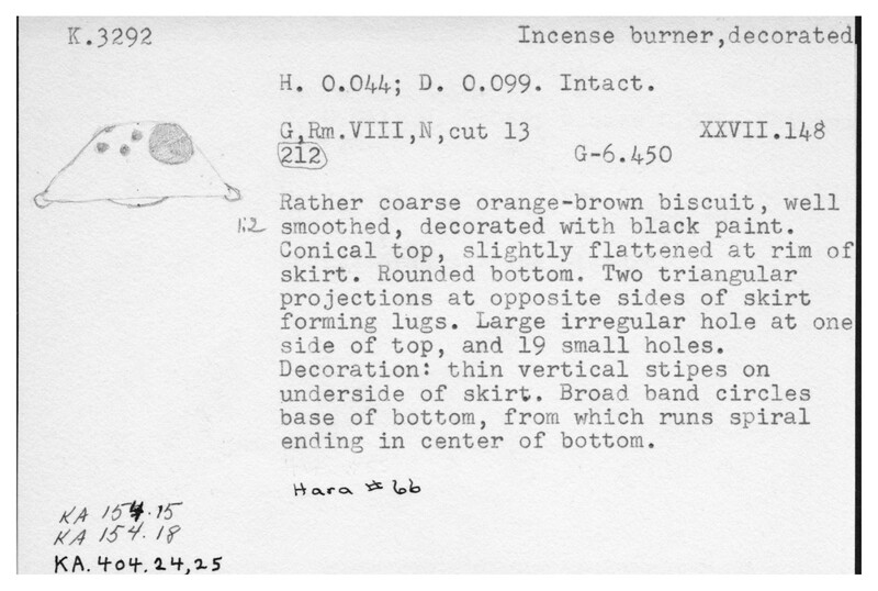 Index card with typed and handwritten information, sometimes including a sketch, of pottery from an excavation.