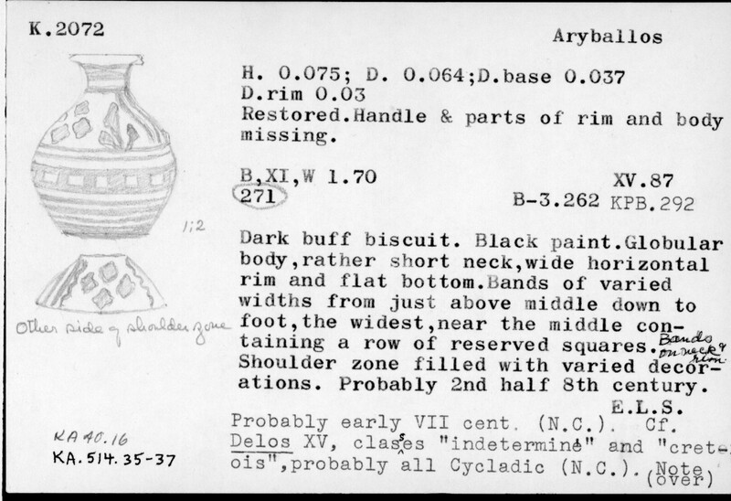 Index card with typed and handwritten information, sometimes including a sketch, of pottery from an excavation.