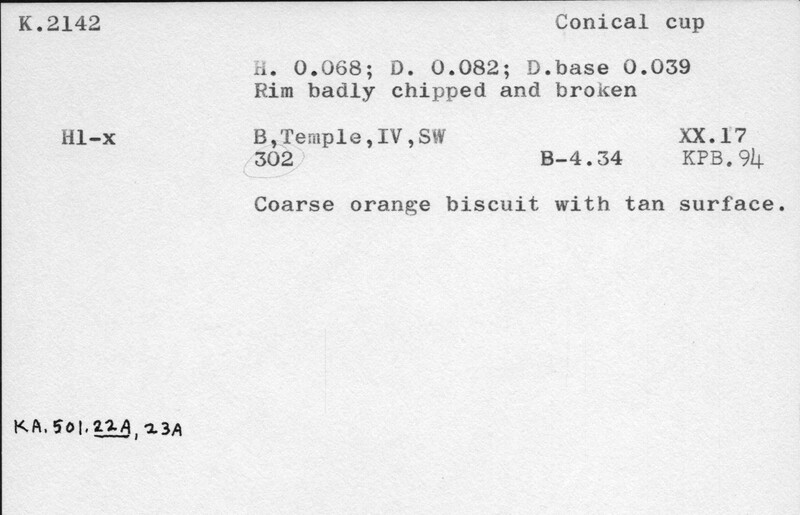 Index card with typed and handwritten information, sometimes including a sketch, of pottery from an excavation.
