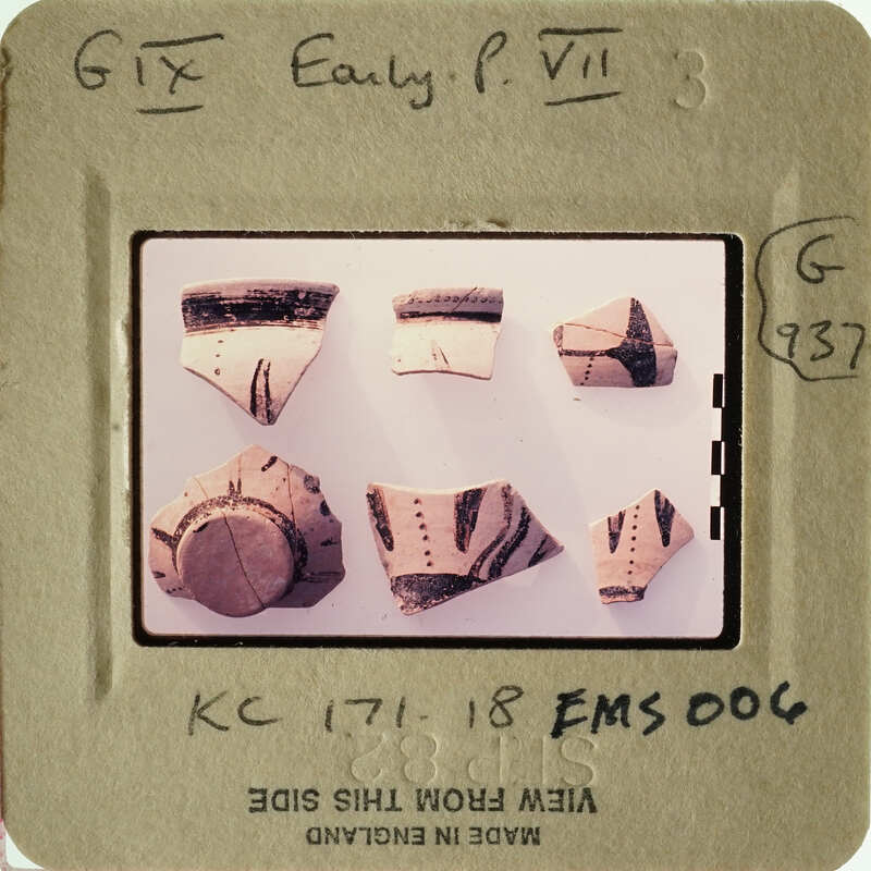 Collection of ancient pottery shards on display.