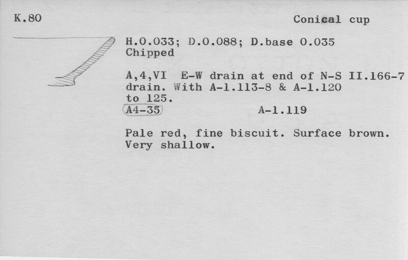 Index card with typed and handwritten information, sometimes including a sketch, of pottery from an excavation.