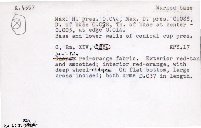 Index card with typed and handwritten information, sometimes including a sketch, of pottery from an excavation.