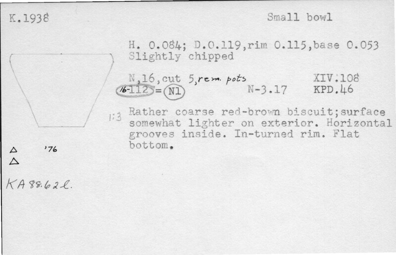 Index card with typed and handwritten information, sometimes including a sketch, of pottery from an excavation.