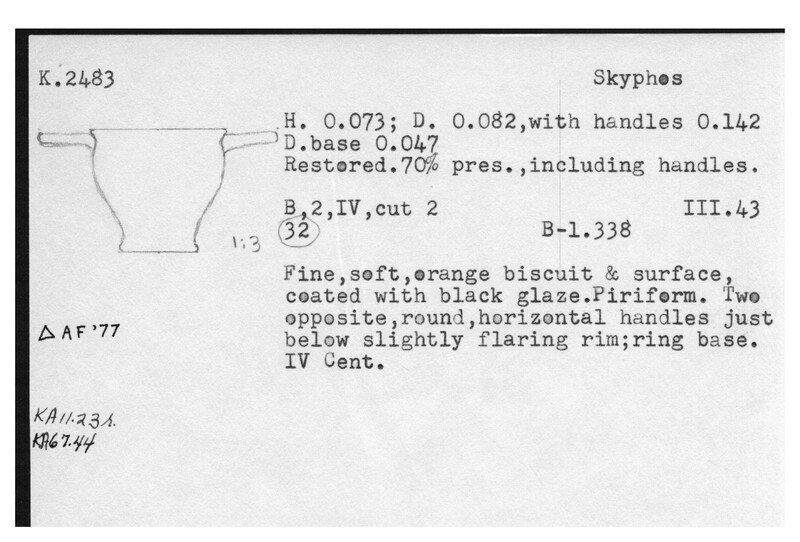 Index card with typed and handwritten information, sometimes including a sketch, of pottery from an excavation.