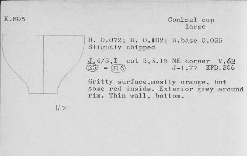 Index card with typed and handwritten information, sometimes including a sketch, of pottery from an excavation.