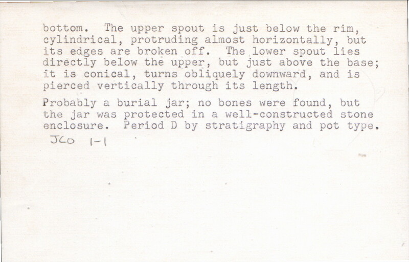 Index card with typed and handwritten information, sometimes including a sketch, of pottery from an excavation.